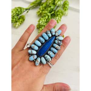 Navajo Handmade <b>Adjustable</b> Sterling Silver Cluster <b>Ring</b> with Multi-Stone Bezel Setting Statement Fine Jewelry for Everyday Wear - Product Image 2