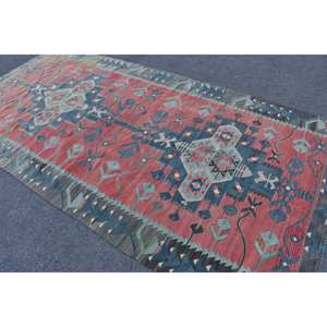 Alfombra Kilim turca Vintage, diseño de retales rojo y azul, 5,2x10,4 pies, tejido plano, respaldo de látex de lana para pasillo, habitación de adolescentes, 10mm - Product Image 4