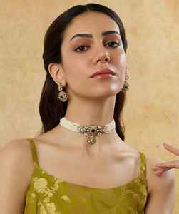 Stylish Fashionable Matt <b>Gold</b> Plated Polki Kundan Choker <b>Earrings</b> <b>Set</b> for Parties Wedding Anniversary Celebrations Made Durable - Product Image 2