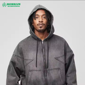 Streetwear Zipper <b>Hoodie</b> <b>Zip</b> Men's Oversized Streetwear Hooded Denim Jacket <b>Zip</b> <b>Up</b> Washed <b>Black</b> Coat - Product Image 2