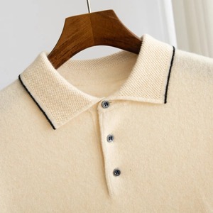 100% pull en mérinos été hommes revers pull à manches courtes POLO cou pull haut ample tricoté vêtements grande taille T-shirt - Product Image 3