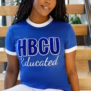 HBCU <b>Women</b> Zeta Blue <b>White</b> Chenille Tee Educated Letter Embroidery Premium College Style <b>T</b> <b>Shirt</b> Streetwear Fashion Apparel - Product Image 4