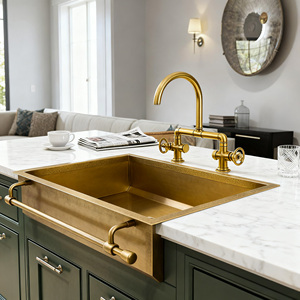 Îlot de cuisine de luxe en laiton artisanal, avec barre porte-serviettes intégrée, bord martelé, design italien inspiré, évier simple à rebord, pour îlot de cuisine - Product Image 5