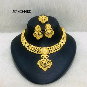 Luxury 24K Gold Plated Brass Flower Shape Filigree African Jewelry Set for Women Dubai Style Charm <b>Necklace</b> with Earrings & <b>Ring</b> - Product Image 5