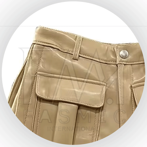 Pantalones cortos de cuero teñidos lisos transpirables de tela de Cuero 100% de ajuste Regular para mujer con bolsillo frontal con logotipo de marca personalizado - Product Image 3