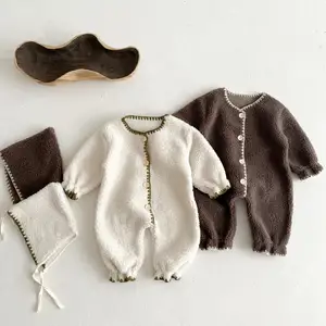 纯色冬季带帽新生儿女婴连身衣婴儿服装羊毛针织婴儿连身衣