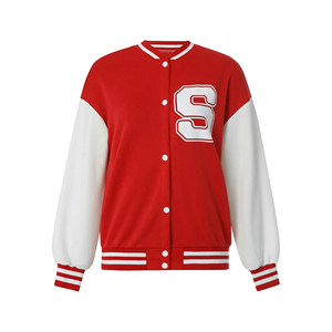 Wholesale Casual Women's Varsity <b>Jacket</b> Fashionable Red Wool Body with Leather <b>Sleeves</b> and Custom Letterman Knitted Processing - Product Image 1