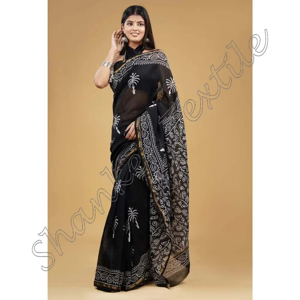 Bunga blok cetak Chanderi sutra Saree dengan blus buatan tangan desainer Chanderi sutra Saree tangan blok dicat Sari dengan blus