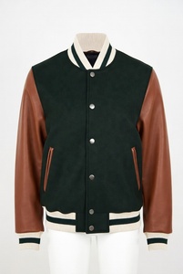 Wholesale Custom Embroidered Varsity Jacket Men Women Green <b>Wool</b> Body <b>Brown</b> Leather Sleeves Striped Rib Knit Classic Letterman - Product Image 2