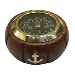 Paper Weight Wooden Round Desk Compass with Lens Glass Collectible Nautical Compass Marine Gift Unique Decorative wooden compass