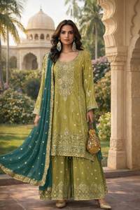 Traje Anarkali de tres piezas en tela de seda Chinnon con bordados elaborados y trabajo con hilos, ideal para bodas y fiestas, en venta. - Product Image 3