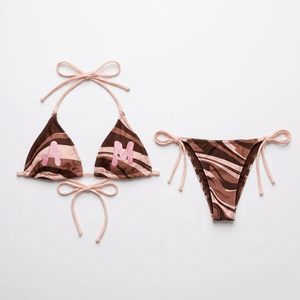 Premium 200 GSM polyester spandex <b>bikini</b> <b>set</b> brown swirl print tie side custom heat transfer logo Women <b>Bikini</b> <b>Set</b> - Product Image 1
