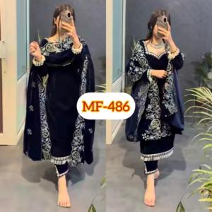 Elegante Conjunto de Fiesta de Terciopelo de Viscosa con Top de Diseñador, Dupatta y Pantalón Completamente Cosido con Hermoso Bordado de Lentejuelas - Product Image 2