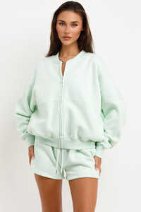 100% algodón menta 2 piezas chaqueta Bomber y pantalones cortos conjunto de chándal con capucha para mujer y conjunto de chándal corto conjunto de 2 piezas para mujer - Product Image 3