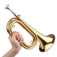 Brass Bugle Call Gold Plated Trumpet Cavalry Horn with Mouthpiece Carrying Bag Musical Instrument for Beginners School Band