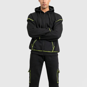 Sweat-shirt à capuche zippé pour homme, couleurs personnalisées, surpiqûres contrastées néon, coupe ample, cordon de serrage, streetwear décontracté, automne, 100% coton - Product Image 3