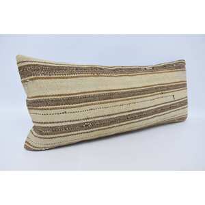 Oreiller en laine à rayures vintage beige 16x36 pouces Oreiller d'accent rectangulaire rustique Technique tissée - Product Image 3