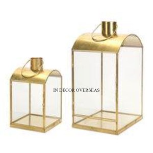 Ensemble de 3 lanternes bougeoirs de qualité supérieure en métal plaqué or et verre transparent au look élégant du fabricant indien - Product Image 3