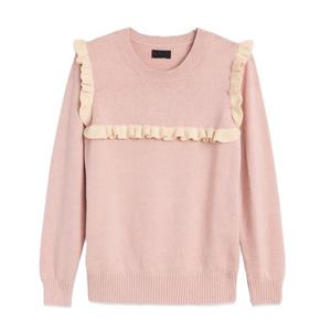 <b>Women's</b> Casual Winter Crew Neck <b>Knitted</b> Pullover <b>Sweater</b> <b>Cable</b> Body Gored Stitches Yoke with Ruffles - Product Image 6