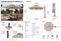 Parasol cantilever carré 3x3m avec levage hydraulique, mât en aluminium imitation bois, auvent en tissu teint, pliable, imperméable, base en fonte pour