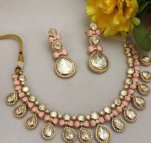 Designer Premium Quality <b>Gold</b> Plated Kundan Stones Look Necklace <b>Set</b> With <b>Earrings</b> for Wedding Party Wear Collection For Women - Product Image 1