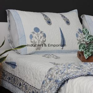 Blue Cyperus Hand Block Printed Cotton Bedspreads Cotton <b>Quilted</b> Bedcover - Product Image 3