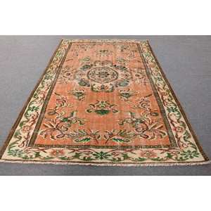 Orange-Green <b>Vintage</b> Wool <b>Rug</b> Large Area 6.1 X 9.2ft Flat Weave Patchwork Design for Living Room or Hallway Latex Backed - Product Image 1