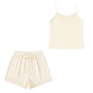 Conjunto de Camisola y Pantalones Cortos de Punto Acanalado con Cuello de Lazo, por Encima de la Rodilla, para Mujer, Suave, Informal, Ropa de Dormir, 100% Algodón, Secado Rápido, Ajuste Ceñido - Product Image 1