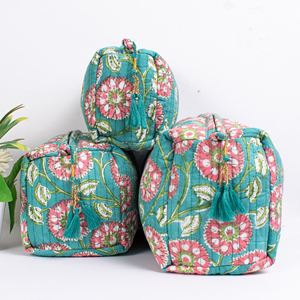 Bolsa de Maquillaje Portátil Reutilizable con Cierre, Diseño Acolchado Azul Cielo, Estilo Indio, con Borla y Estampado Floral, Venta al Por Mayor - Product Image 4
