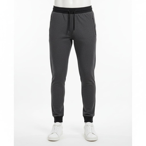 Pantalons de jogging décontractés pour homme, légers, de qualité supérieure, coupe ajustée, en toile délavée gris foncé mélangé, poches zippées, ceinture contrastée noire - Product Image 1