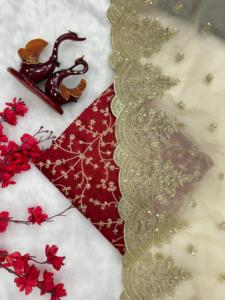 Nouveau Saree en organza doux et lourd de créateur exclusif avec paillettes et broderie Zari Collection de travail disponible au prix de gros - Product Image 4