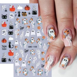 Calcomanías 3D para decoración de uñas de Halloween, calcomanías, lindo fantasma, gato negro, calabaza, tela de araña, esqueleto, conjunto de Flower-4PCS - Product Image 1