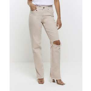 Jean décontracté pour femme, coupe droite, denim bleu délavé, boutons, style ample, en vente, pantalon pour femme, service OEM, personnalisation - Product Image 1
