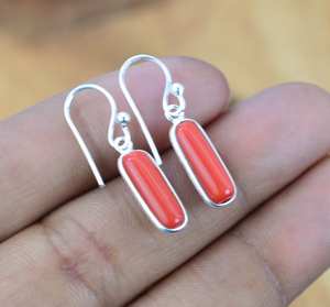 Boucles d'oreilles en argent sterling 925 avec corail rouge, sertissage en bézel, bijoux en pierres précieuses faits à la main, boucles d'oreilles en pierre naturelle, cadeau - Product Image 5