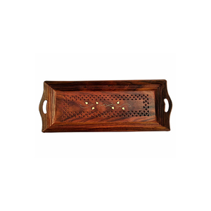 Plateau de service artisanal en bois de Sheesham indien avec poignée, finition polie, motif en bois, usage résidentiel - Product Image 1