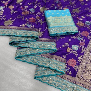 Sari de Seda Dola Pura VASTRA COTTAGE con Bordado Meenakari y Zari, Borde de Lentejuelas y Cordón, y Blusa en Contraste - Product Image 4