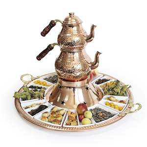 Ensemble de petit-déjeuner turc traditionnel en cuivre avec théière sculptée à la main, brûleur et mini-assiettes en porcelaine, bouilloire à thé pour cuisinière - Product Image 2