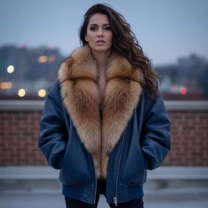 Blouson aviateur oversize en cuir véritable avec col en fourrure de renard, fermeture éclair, veste de motard d'hiver pour femme, coupe-vent, streetwear - Product Image 5