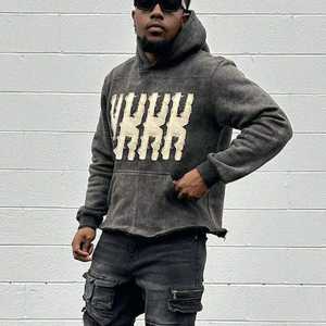 Sweat à Capuche Streetwear Personnalisé à Ourlet Brut Lettre Éponge Française Patch Brodé en Détresse Applique Lavage à l'Acide à Capuche Hommes - Product Image 3