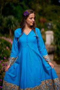 Robe Nerissa en coton tissé à la main, imprimé en bloc, style bohème, bleu gris, à panneaux, pour femmes - Product Image 3