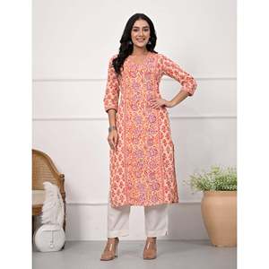 Kurti Recto de Algodón Estampado con Bloques Rosa Jaal, Saree Indio para Uso Diario con Salwar Kameez Estilo Pakistaní Cosido - Product Image 1