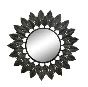 Espejo decorativo de pared con marco de hoja de Metal, espejo de pared redondo con revestimiento negro decorativo para el hogar para maquillaje y baño