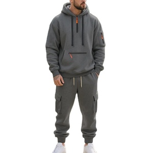 ชุดสองชิ้นแบบลำลองแนวสปอร์ตของผู้ชายเสื้อแบบสวมหัวมีฮู้ดระบายอากาศได้ดีมีซิปหลายกระเป๋าเสื้อมีลายสีทึบสำหรับฤดูหนาว - Product Image 5