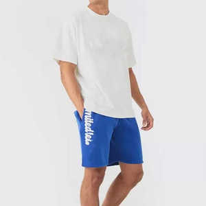 2025 Newest Design Tracksuit 100% Cotton Acid Wash Drop Shoulder <b>White</b> T-Shirt and Blue <b>Shorts</b> Puff Printing Logo Twin Set - Product Image 3