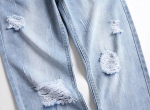 กางเกงยีนส์ผู้ชายผ้าฝ้ายแท้ขาตรงสีฟ้าอ่อนสไตล์ฮิปฮอป - Product Image 4