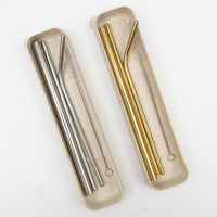 Lot de 4 pailles réutilisables en acier inoxydable avec brosse de nettoyage Paille de blé dégradable Boîte cadeau