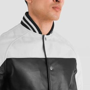 Chaqueta Varsity de Cuero Sólido Blanco y Negro, Lona Cruda de Primera Calidad, Transpirable, Resistente al Viento e Impermeable, con Cierre Frontal, para Invierno - Product Image 2
