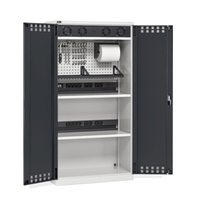 PERFOM140, armadietto caricabatteria con griglia di ventilazione, pannelli forati, accessori, L1023 x D555 x H2000 - Product Image 1