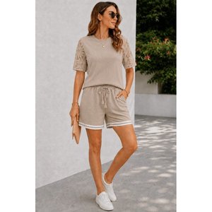 Women'<b>s</b> Short-Sleeved Crew Neck Waffle <b>Blouse</b> <b>and</b> Shorts Two-Piece Set, 34608 - Beige - Product Image 3
