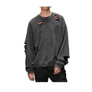 Sudaderas de lavado ácido para hombre, jersey de gran tamaño rasgado, cuello redondo, hombro caído térmico, ropa de calle Vintage, sudadera - Product Image 1